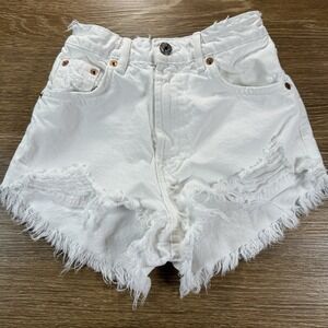 ZARA Women's White Distressed Denim Cutoff Shorts High Rise Size 0 Festival Chic